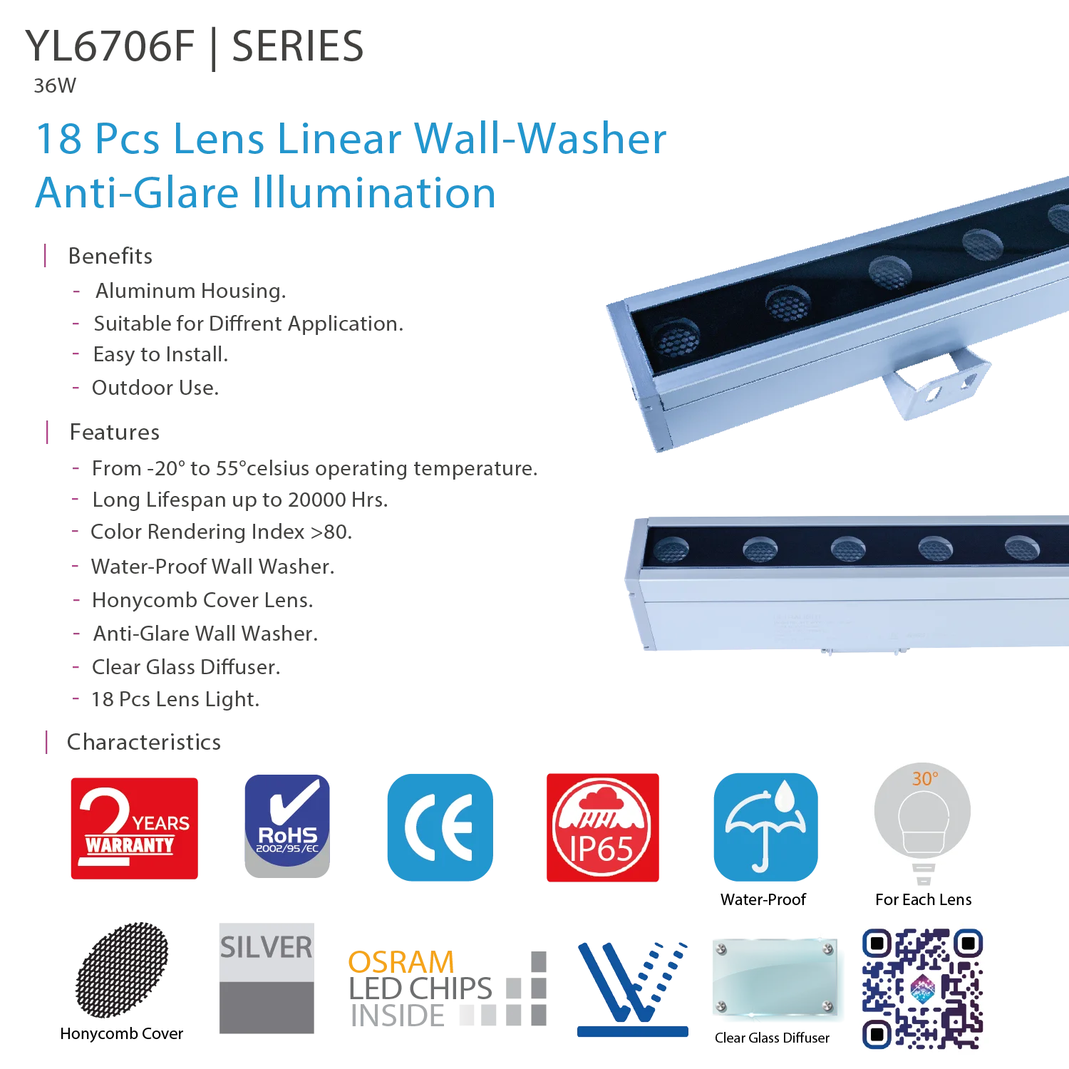 كشاف الترالايت جداري خارجي (YL6706F) – إضاءة حائط ضد الماء 36 واط بعدسات OSRAM
